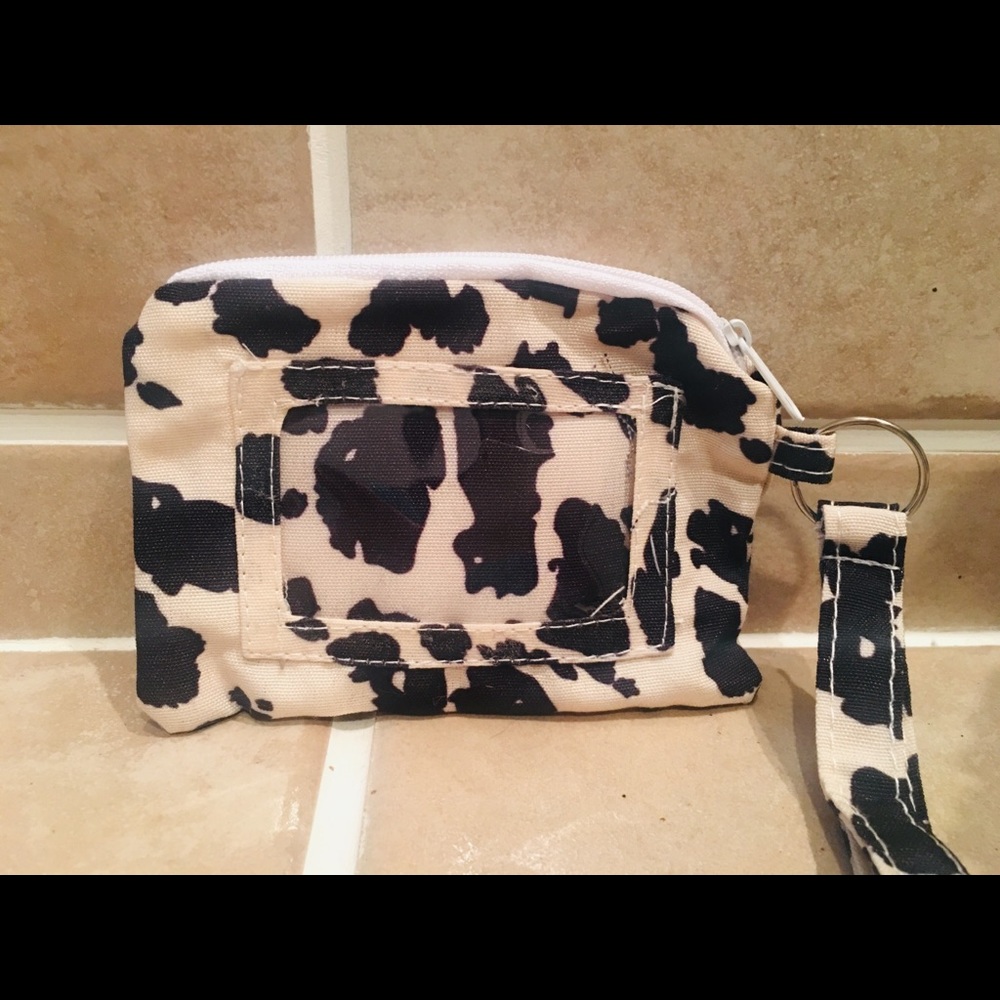 Cow print zip up ID wristlet FOB